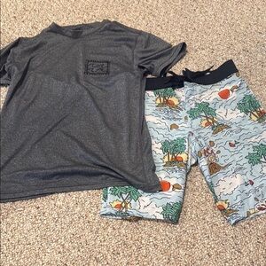 Billabong Gray Rashguard with RVCA Tropical Print Shorts